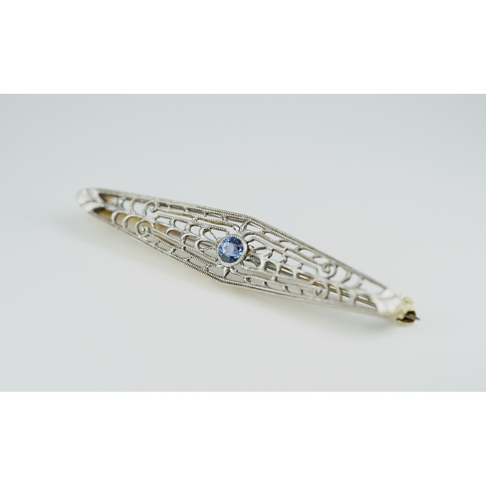Antique Art Deco 14k Solid Gold Filigree Natural Blue Sapphire Pin Brooch - 3.1g